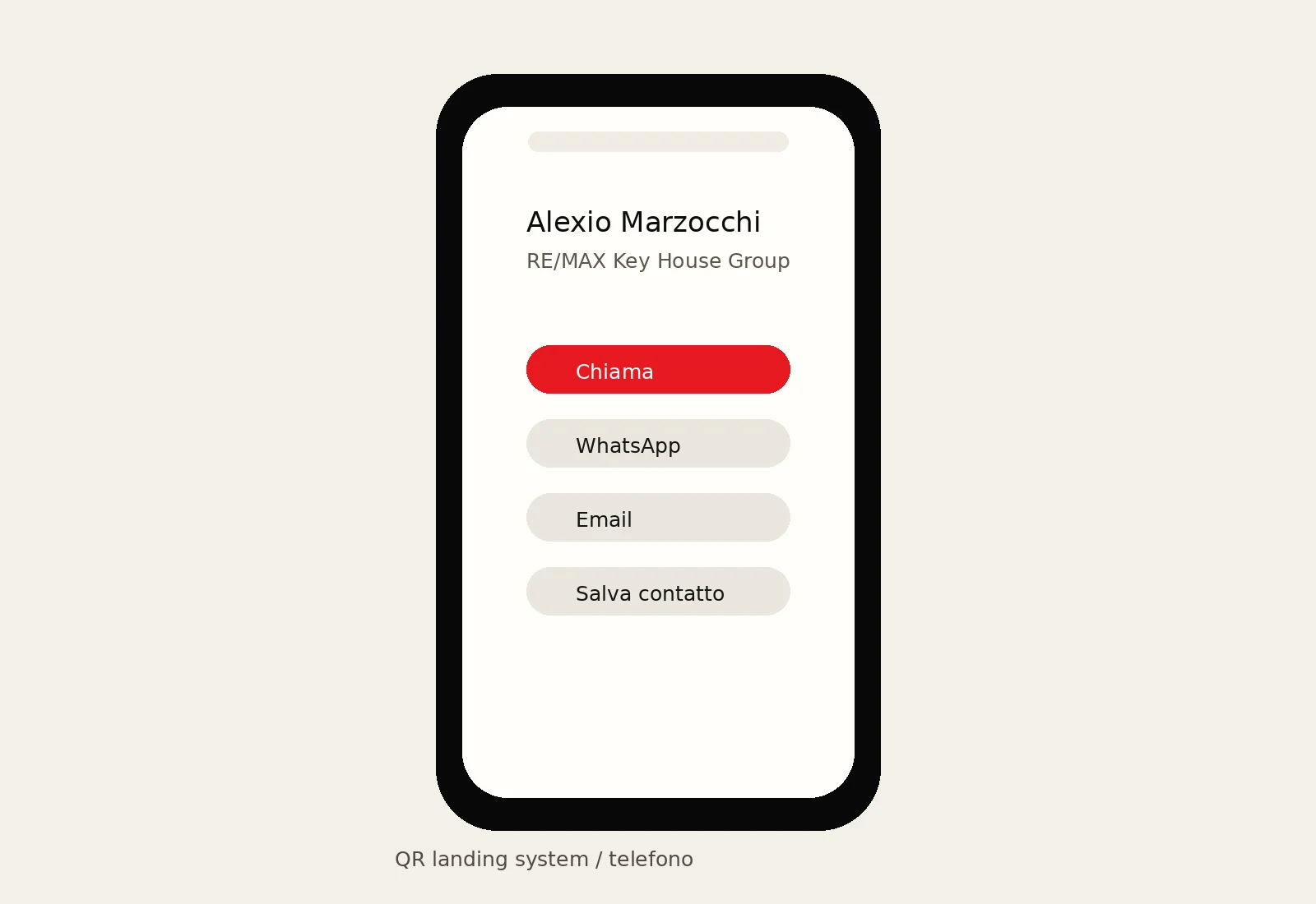 Planimetrio × RE/MAX — QR landing e biglietto digitale per agente immobiliare.