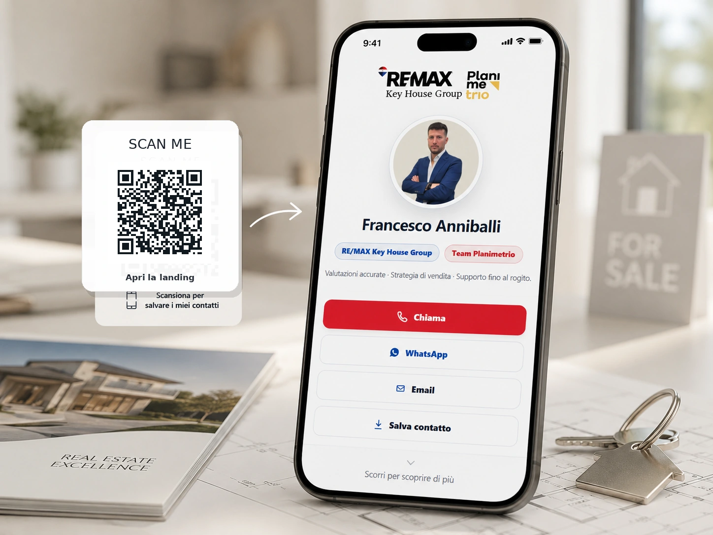 QR Landing Planimetrio - telefono con scheda contatto e QR