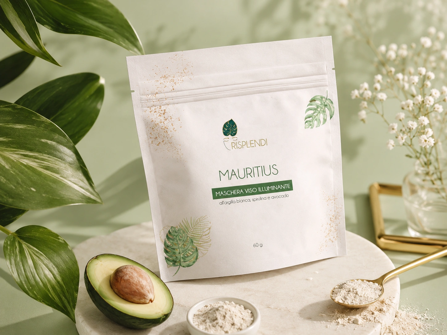 Packaging Risplendi Mauritius con maschera viso e ingredienti botanici