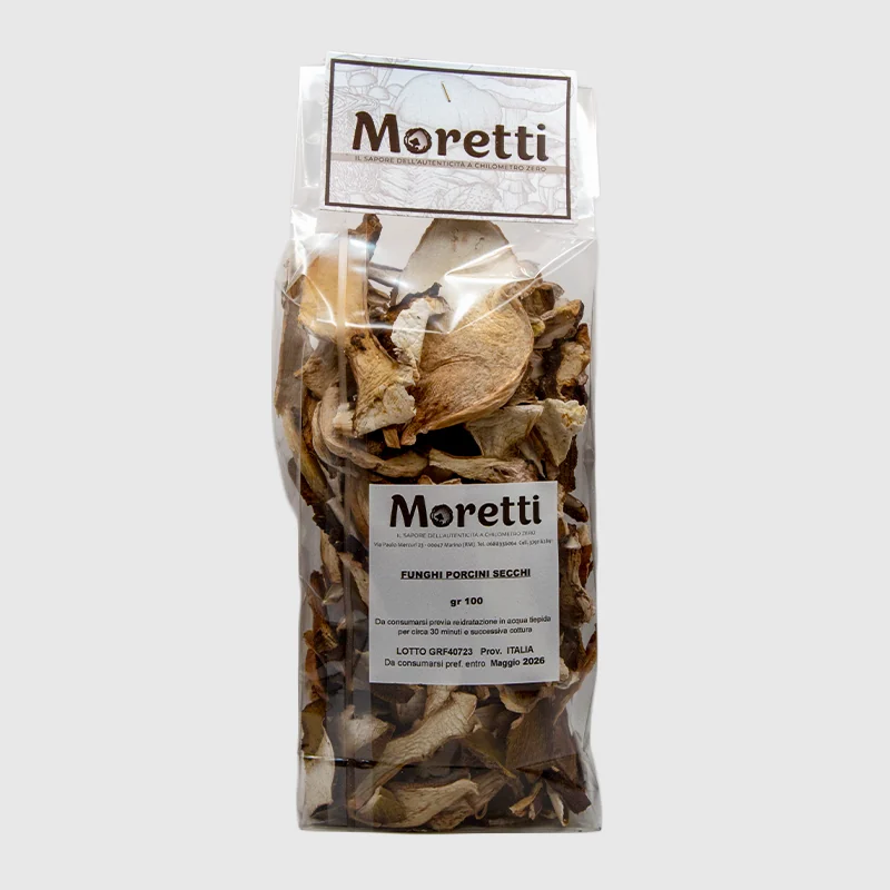 Moretti: confezione di funghi porcini secchi con etichetta