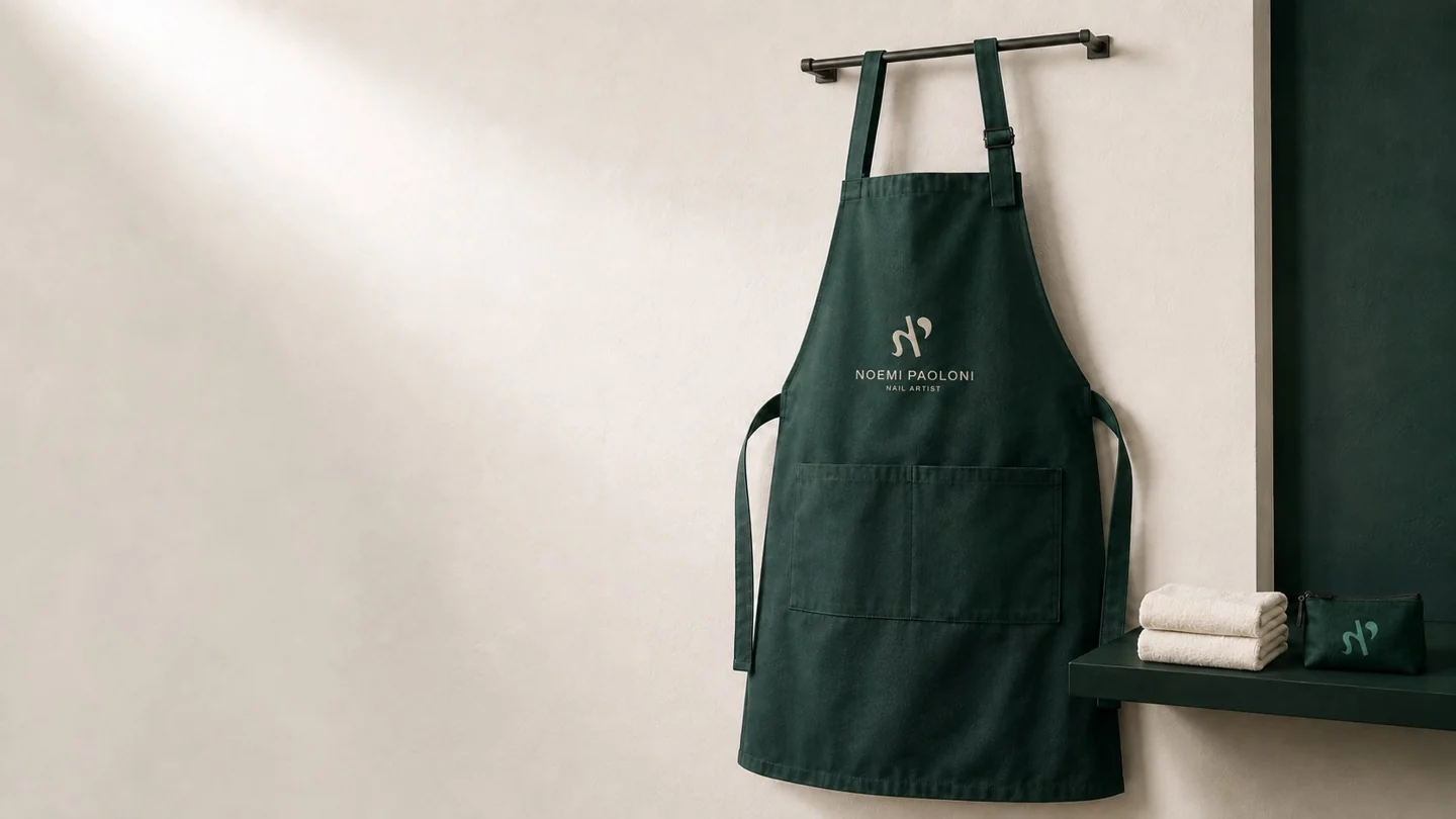Mockup Noemi Paoloni: marchio applicato sul grembiule verde