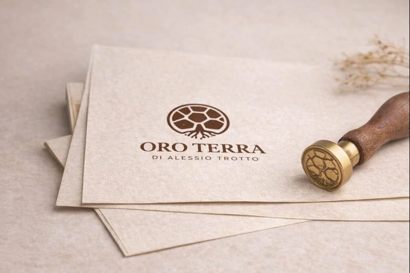 OroTerra: mockup del marchio su carta e timbro