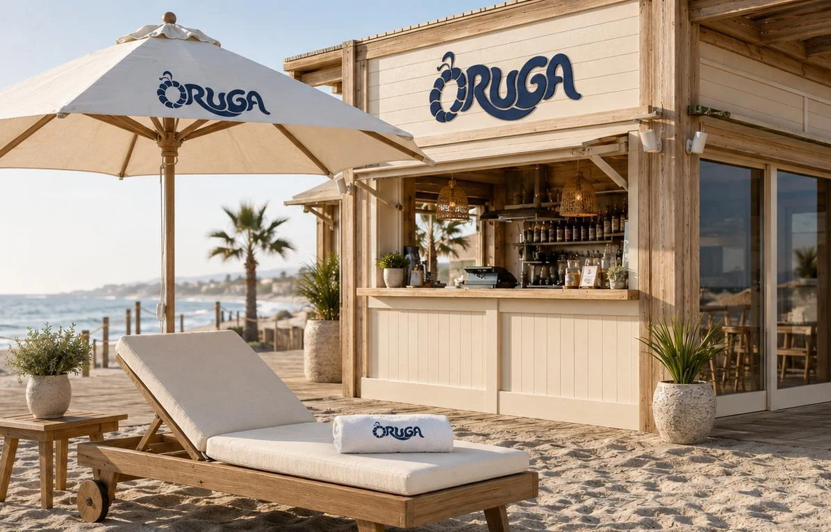 Oruga Beach: concept del chiosco bar sulla spiaggia con marchio applicato