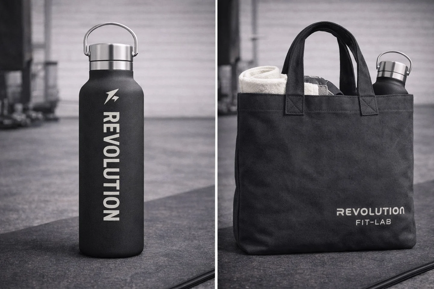 Revolution Fit Lab: mockup di borraccia e borsa coordinate