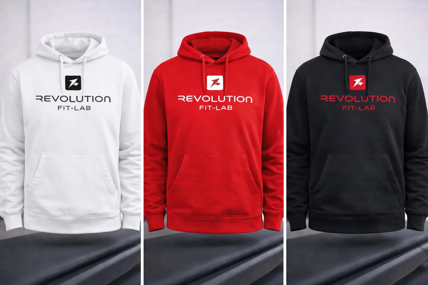 Revolution Fit Lab: mockup delle felpe in bianco, rosso e nero