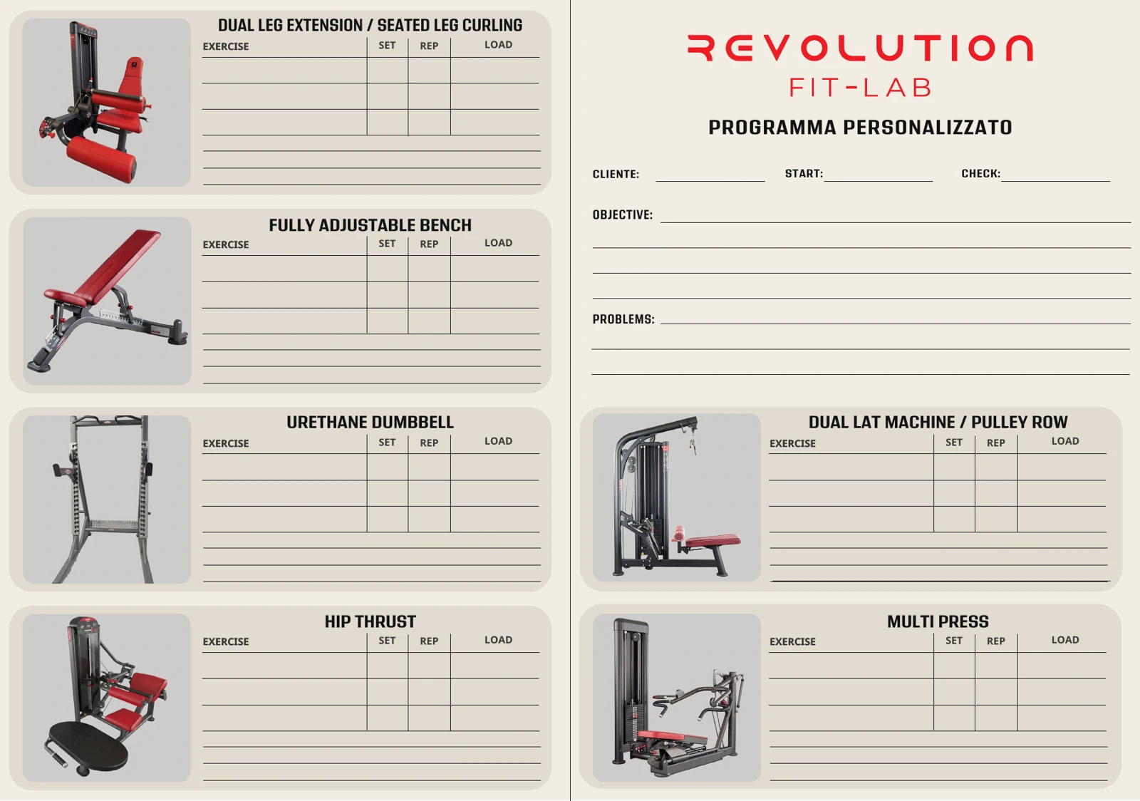 Revolution Fit Lab: modello vuoto della scheda allenamento con illustrazioni dei macchinari