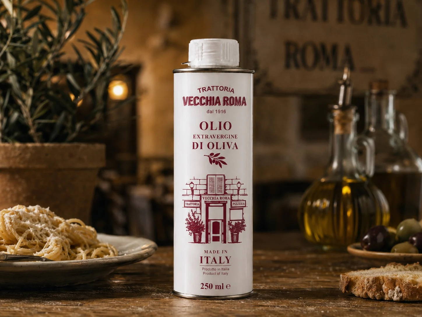 Vecchia Roma: La facciata della trattoria diventa grafica per una lattina.